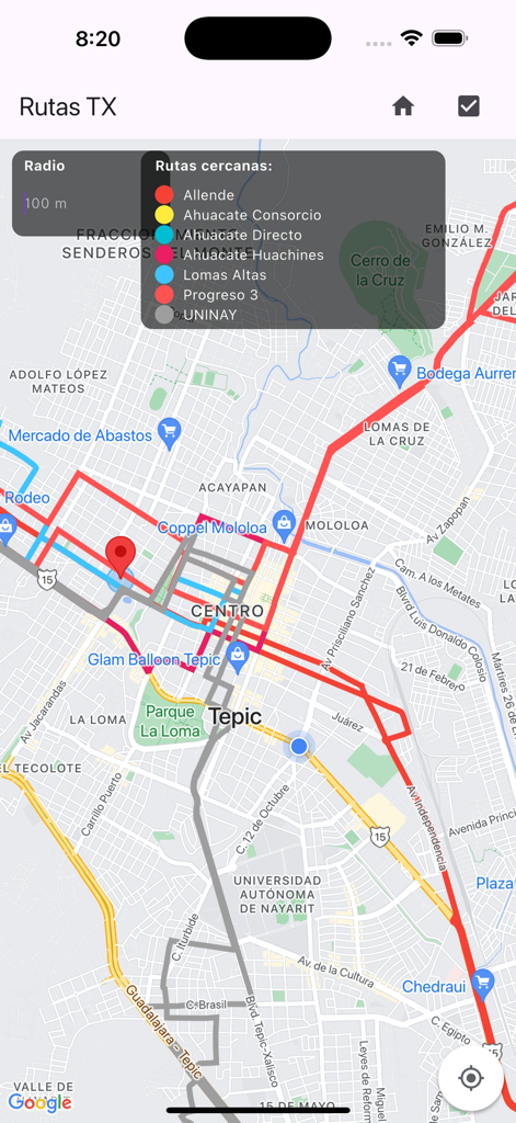 RTX - Vista del mapa de la aplicación RTX que muestra diferentes rutas de autobuses de transporte público en Tepic México