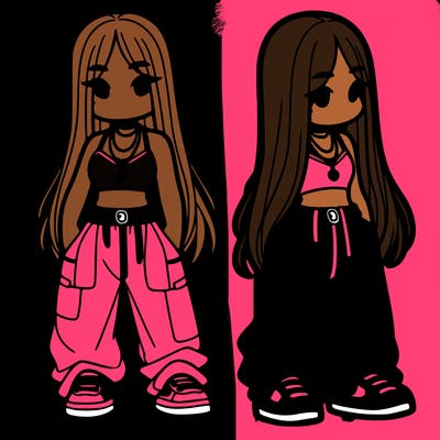 girl in baggy pants crop top and long hair