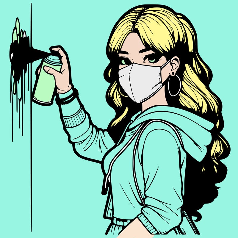 realistic girl with mask spray painting a wall