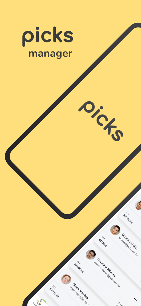 Picks Manager - Pantalla de la aplicación Picks Manager que muestra perfiles de estudiantes escolares y marca.