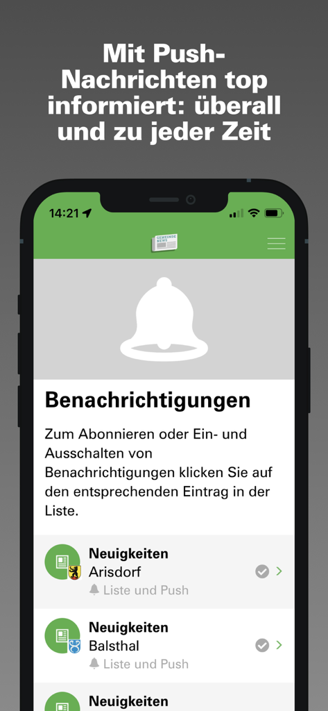 Mobile app screen showing push notification settings for local municipality news and events