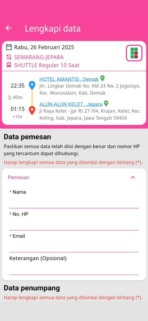 Cahaya Shuttle - Cahaya Shuttle app screen showing booking details and passenger information form for a shuttle trip from Semarang to Jepara