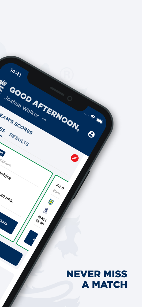 England Cricket - Smartphone mit dem Startbildschirm der England Cricket App mit Live-Ergebnissen und bevorstehenden Spielen
