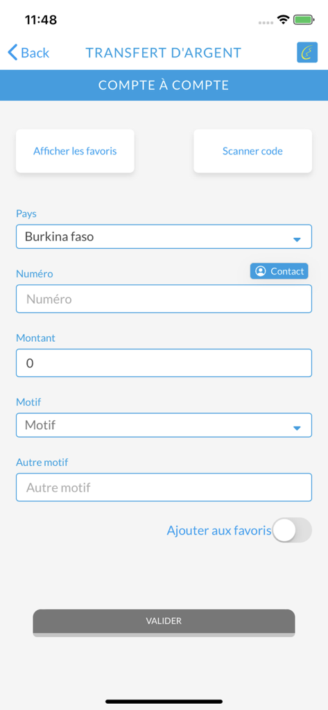 Coris Money V2 - Coris Money V2アプリの送金画面。国、電話番号、取引金額のフィールドが表示されています。