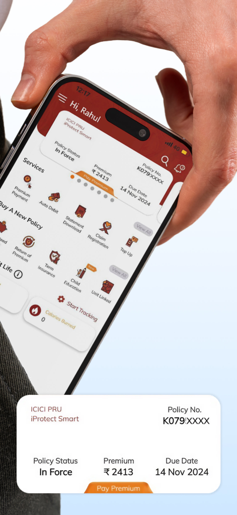 ICICI Prudential Life App - ICICI Prudential Life app interface showing insurance policy details and premium payment options on a smartphone.