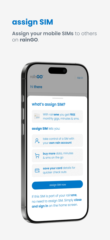 raingo mobile app screen showing options to assign a sim card and manage data and payments