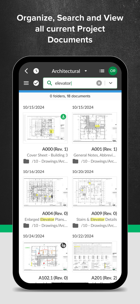 Pantalla de teléfono inteligente que muestra la biblioteca de documentos de la aplicación STACK y la función de búsqueda de planos de construcción.