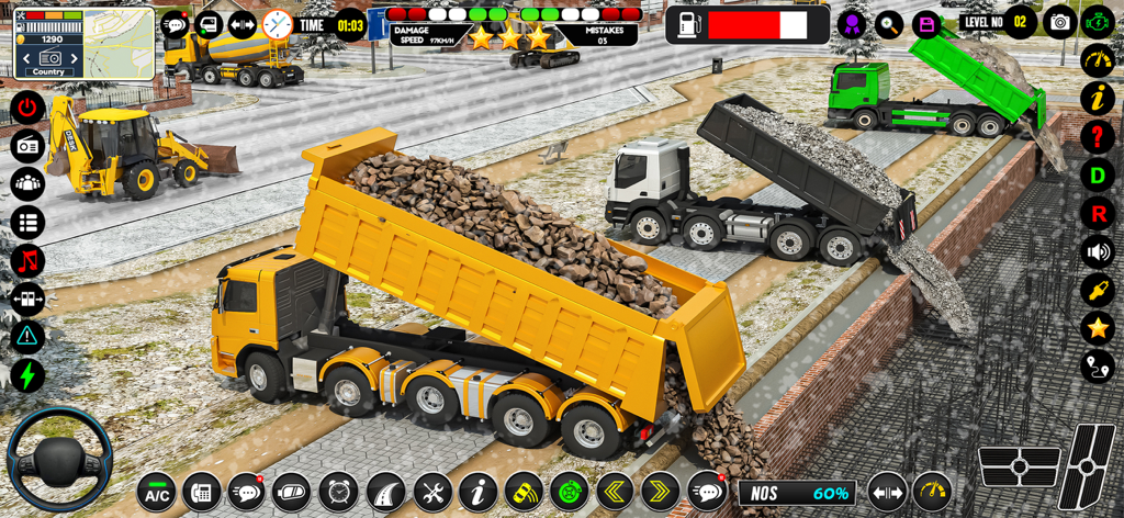 Road Build & Dropoff Missions - Camiones volquete de carga pesada descargando grava en un sitio de construcción nevado en un juego de simulación.