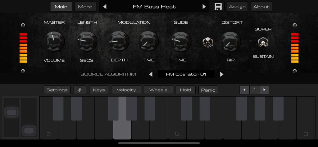 Interfaz de la app LE01 Bass 808 Synth mostrando perillas de modulación de volumen y distorsión