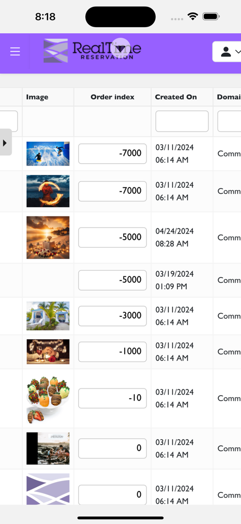 Table view of a resort amenity management dashboard showing images of activities and dining with order indices and creation dates