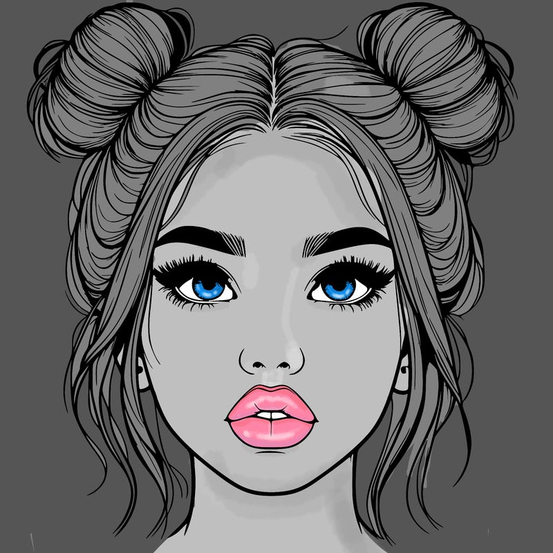 realistic girl with two buns on her hair and lips