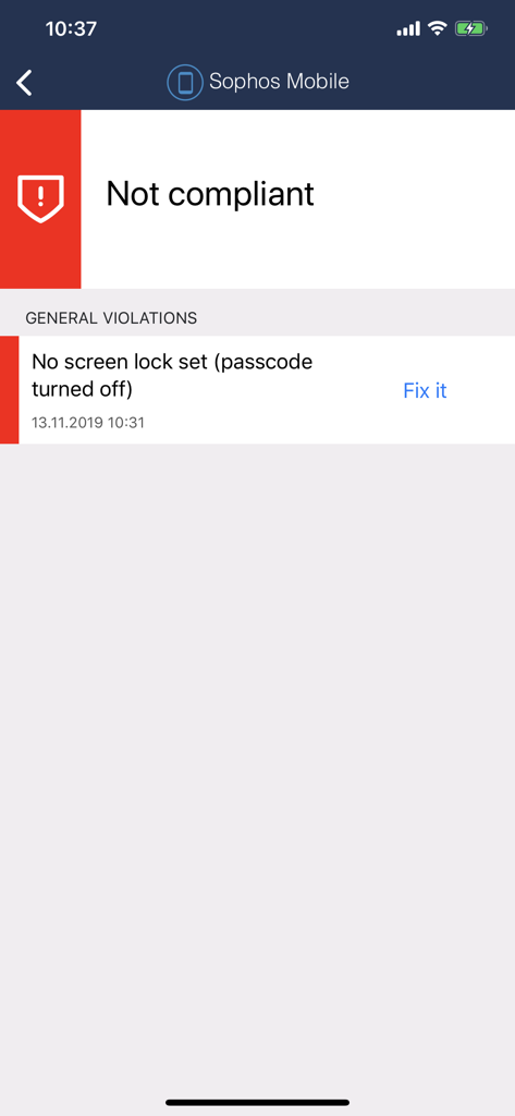 Sophos Mobile Control - Sophos Mobile app displaying a not compliant status message with a security violation