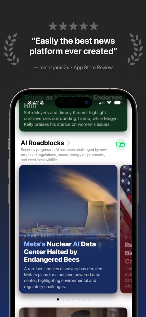 Particle news app interface on a smartphone featuring a five-star user review and AI-driven news stories.