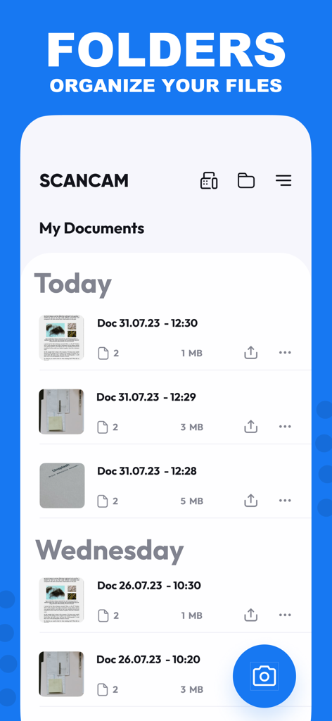 Scan Cam: Docs PDF Scanner App - Interfaz de la aplicación Scan Cam que muestra una lista de documentos PDF organizados por fecha.