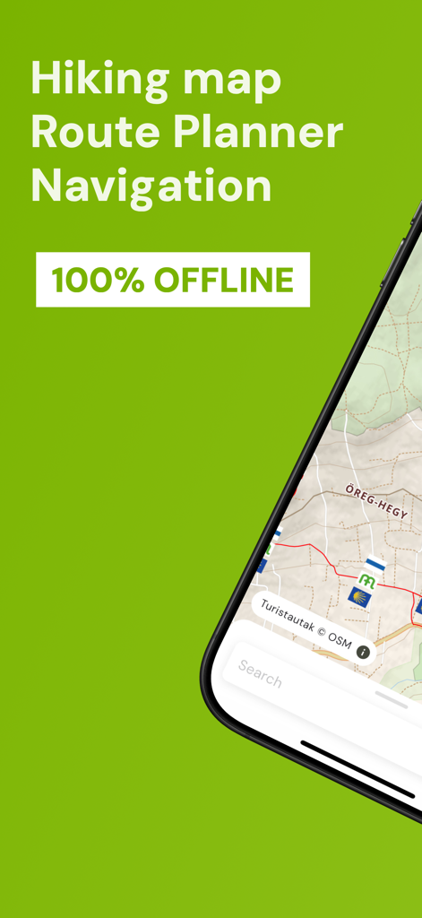 Turistautak app interface showing offline hiking map and route planner for Hungary trails