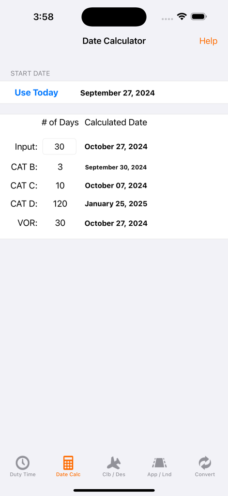 Pilot Duty & Performance Calc - MELおよびVORチェックの期日を追跡するための、Pilot Duty and Performance Calcアプリ内の日付計算機インターフェース。