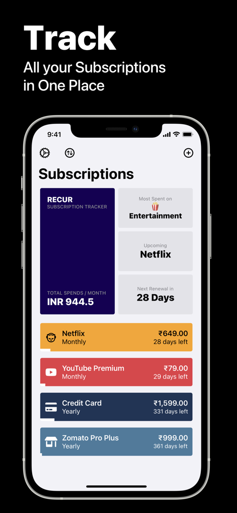 Subscription Manager - Recur - Recur app dashboard on an iPhone displaying a summary of monthly subscription expenses and upcoming renewal dates.