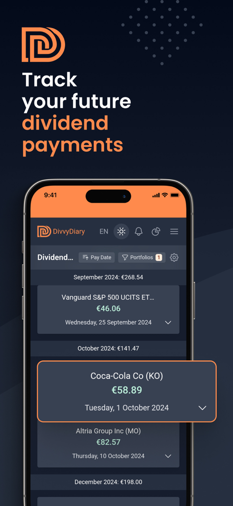 DivvyDiary - A smartphone showing the DivvyDiary app interface with a chronological schedule of upcoming dividend payments