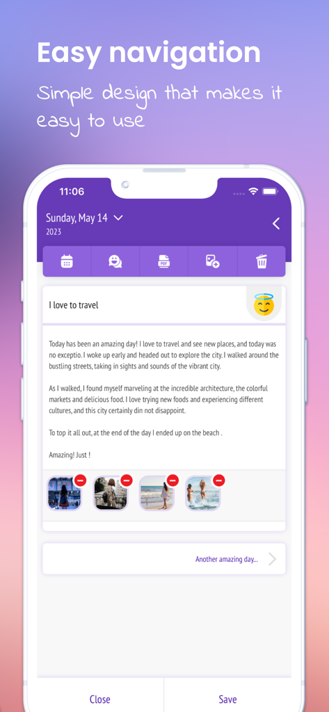 A mobile app screen for My diary Secret Journal showing a travel entry with photos and simple navigation buttons.