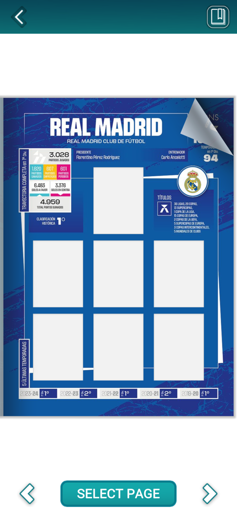 Panini Digital Collections - Una página digital del álbum de cromos del Real Madrid en la app Colecciones Digitales Panini mostrando espacios vacíos y estadísticas del equipo.