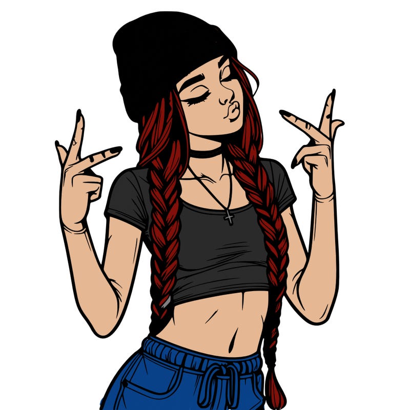realistic teenage girl with braids and a beanie and crop top doing 🫶🏼
