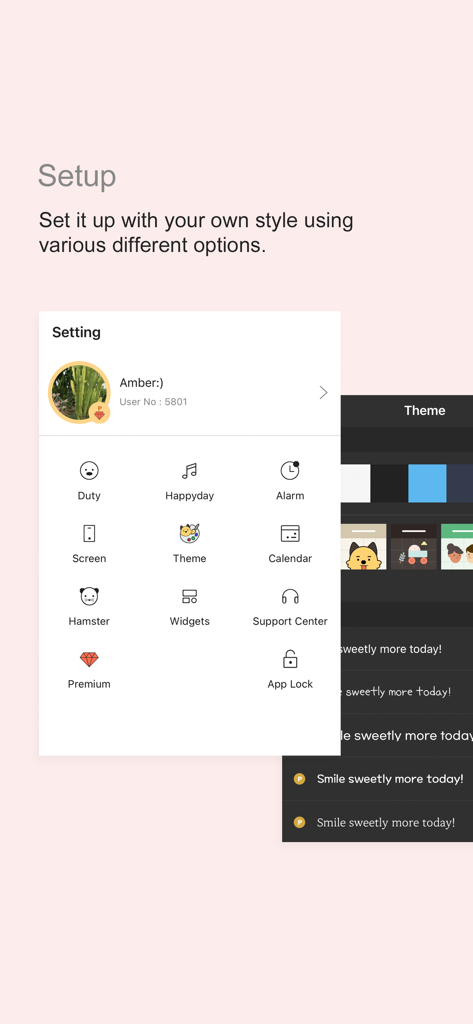 Settings menu of the MYDUTY nurse calendar app showing various customization options and themes.