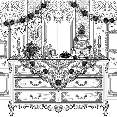 Step into a world of shadowed romance with this intricate Gothic wedding dresser coloring page. Adorned with delicate lace, a wedding cake, and mysterious elements, it invites you to explore the beauty of dark celebrations.