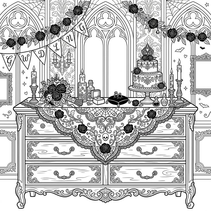 Step into a world of shadowed romance with this intricate Gothic wedding dresser coloring page. Adorned with delicate lace, a wedding cake, and mysterious elements, it invites you to explore the beauty of dark celebrations.
