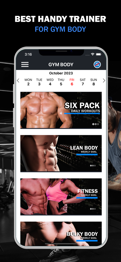Gym Workout Daily Exercises - Gym Workout Daily Exercises mobile app displaying workout programs for six pack and lean body goals.