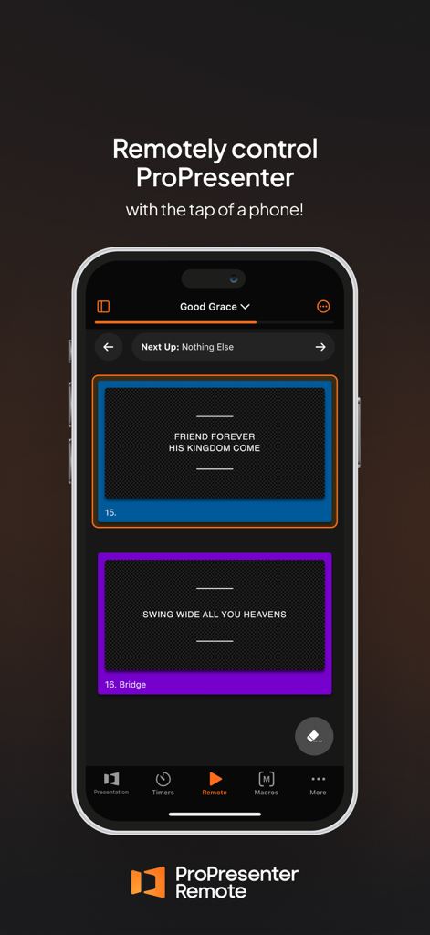 Interfaz de la aplicación ProPresenter Remote en iPhone mostrando el control de diapositivas de presentación