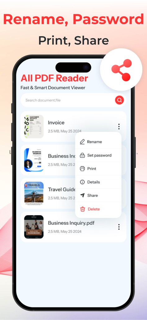 All PDF Reader - iPhoneのAll PDF Readerアプリのスクリーンショット。名前変更、印刷、共有などのドキュメント管理オプションが表示されています