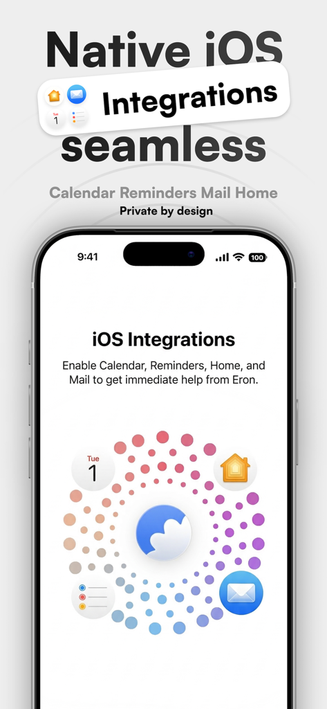 Eron - Interface de l'application Eron mettant en évidence les intégrations natives iOS pour Calendrier, Rappels, Maison et Mail.