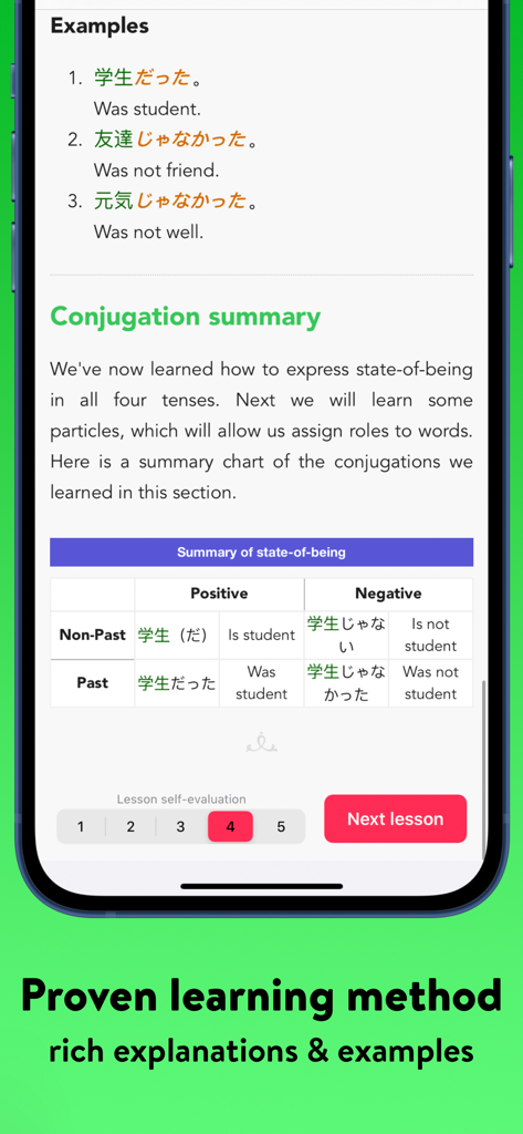 Learn Japanese: Sensei - A Japanese grammar lesson screen showing a conjugation summary table for the state of being and example sentences