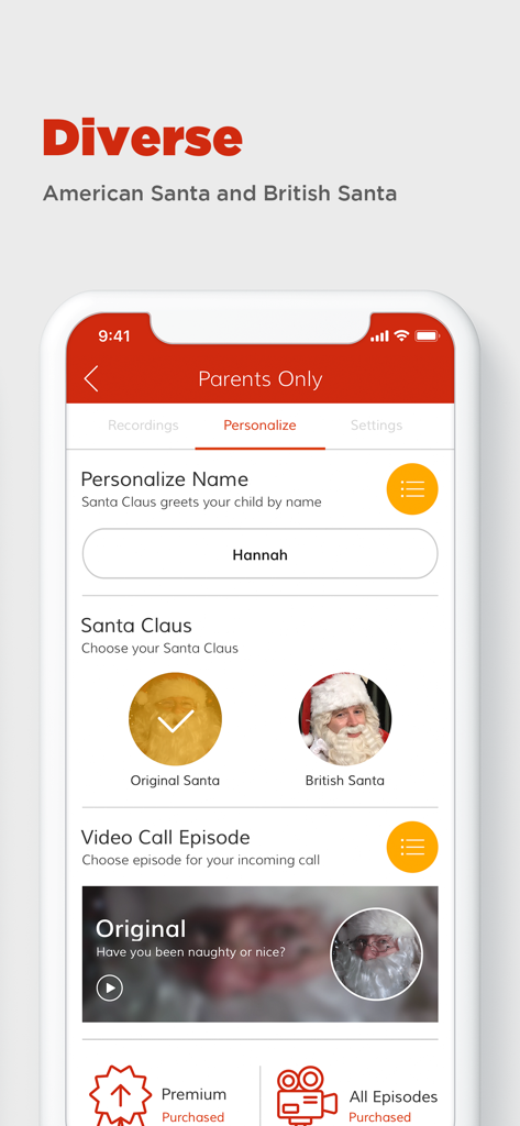 Personalization screen of Video Call Santa app showing options to choose a childs name and pick between American or British Santa