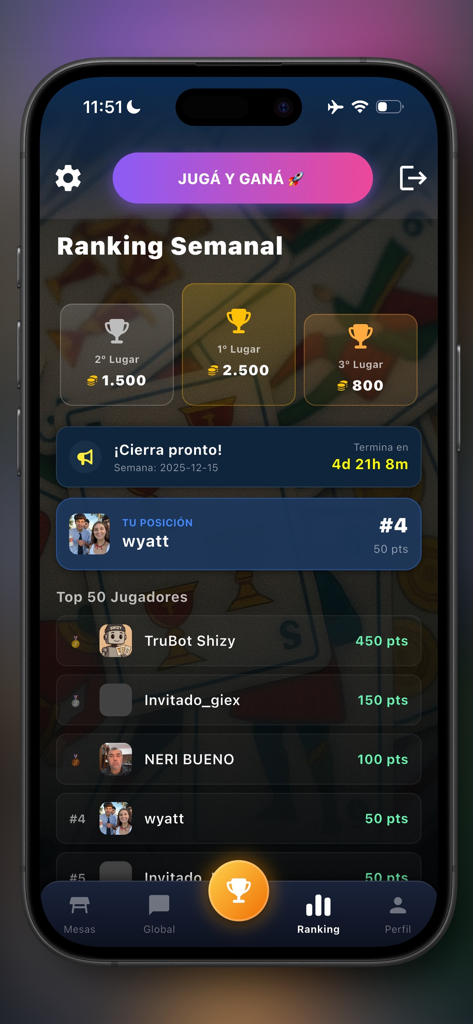 Truco: Argentino vs Uruguayo - Weekly ranking leaderboard screen for the Truco card game showing top player positions and points