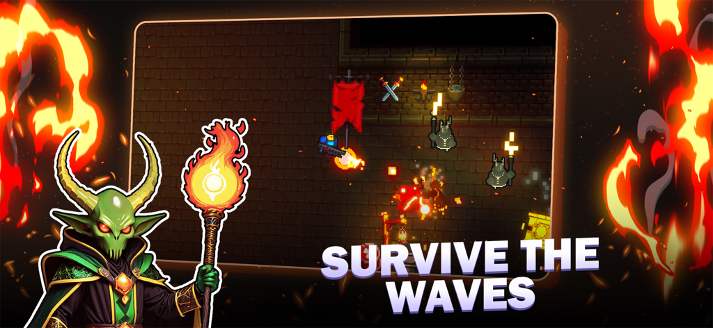 Laser Tanks: Pixel RPG - A green horned character holds a torch next to a pixel art dungeon battle with the text Survive the Waves