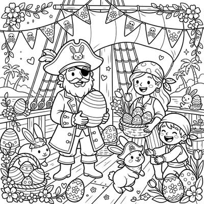 Unleash your creativity with this charming coloring page featuring a jolly pirate crew celebrating Easter. Discover bunnies, decorated eggs, and spring blossoms aboard a festive pirate ship, ready for your artistic touch.