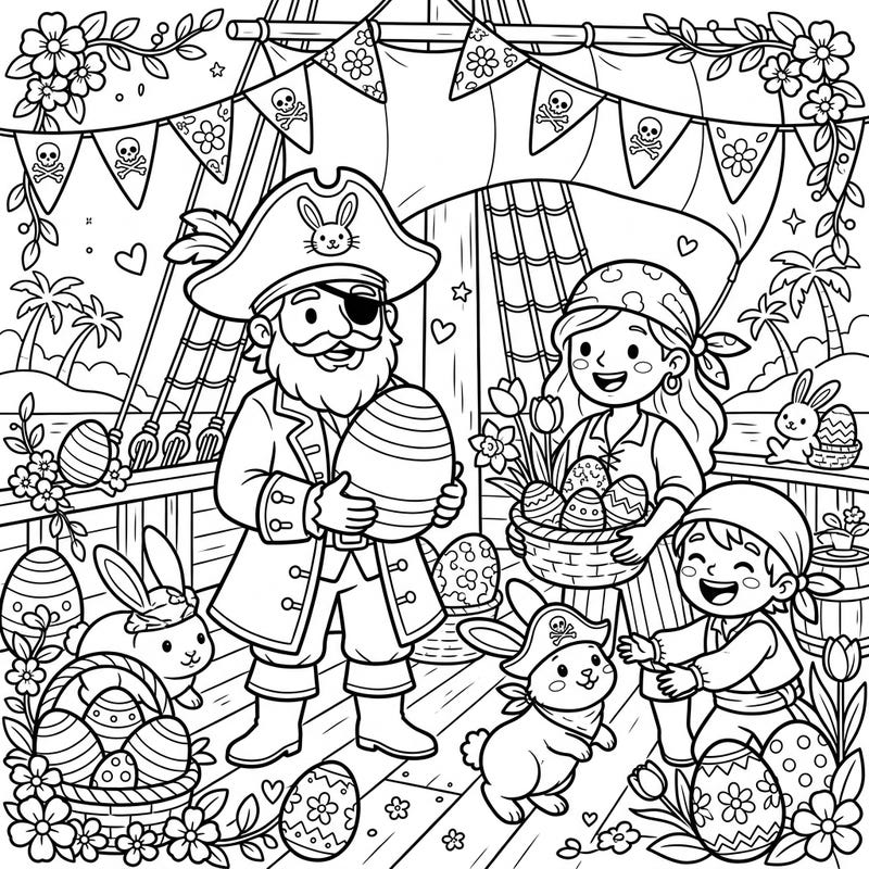 Unleash your creativity with this charming coloring page featuring a jolly pirate crew celebrating Easter. Discover bunnies, decorated eggs, and spring blossoms aboard a festive pirate ship, ready for your artistic touch.