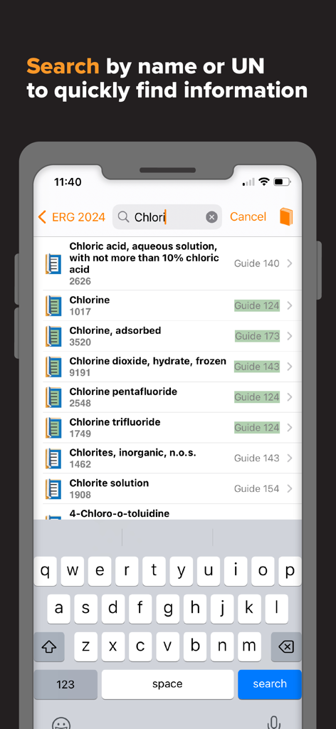 ERG for iOS - Search interface of the ERG app showing hazardous materials results and UN ID numbers