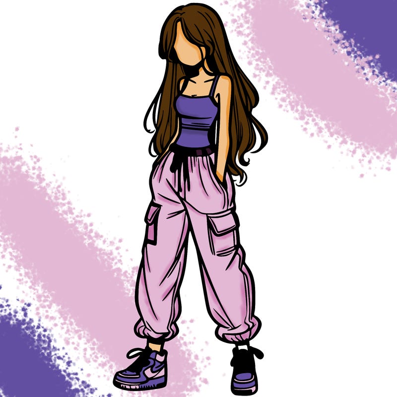 girl in baggy pants crop top and long hair
