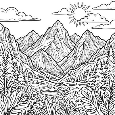 Embark on a captivating summer journey with this Dot Work Mountain coloring page. Discover intricate details of sun-drenched peaks, a flowing river, and a serene campsite, all waiting for your creative touch.