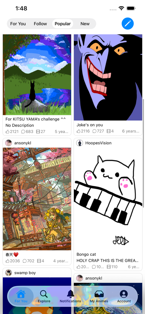 Feed de la galería popular de animaciones y dibujos en la aplicación Anime Maker que muestra contenido generado por el usuario