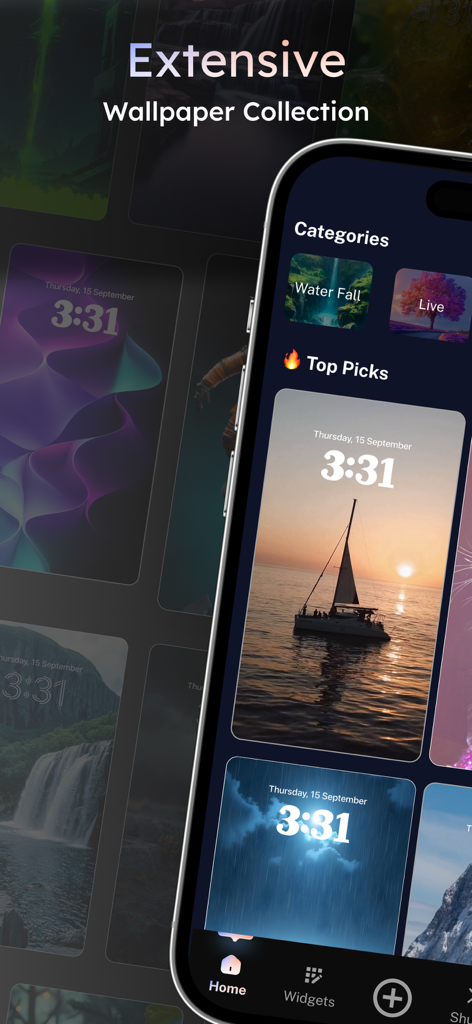 Mobile app interface showing a large collection of animated and live wallpapers for iPhone users