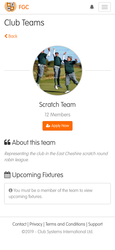 Mobile screen showing the Scratch Team page for a golf club in the ClubV1 Members Hub app