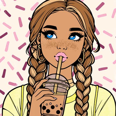 realistic girl with braided hair drinking boba