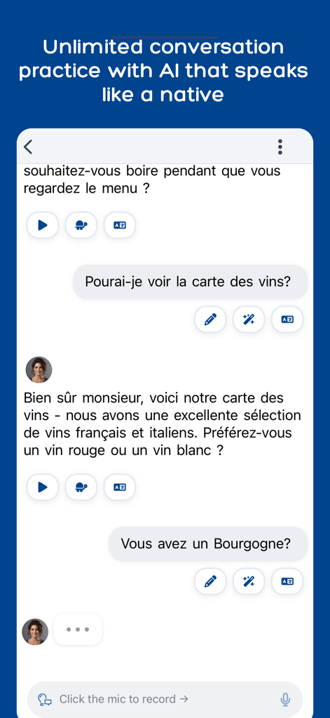 Interface d'entraînement à la conversation française interactive dans l'application d'apprentissage des langues IA Langua