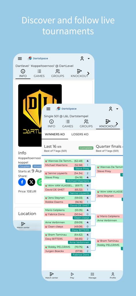 DartsSpace - Interface of the DartsSpace app showing a live darts tournament bracket with player scores and match details