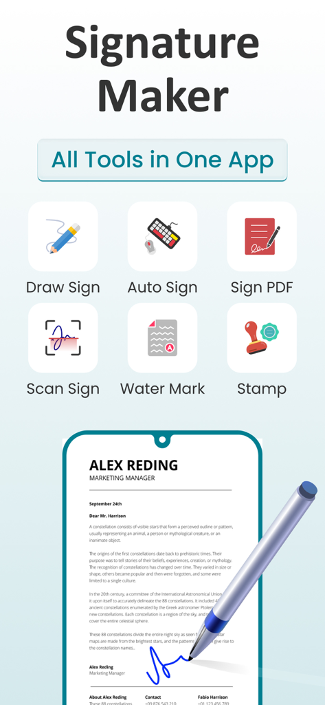 Un menú de herramientas de firma digital que incluye dibujar, firmar y firmar automáticamente junto con un teléfono firmando un documento