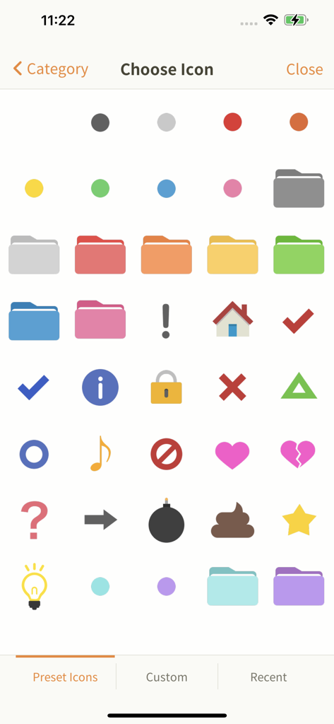 My Inventory LT – Home Tracker - My Inventoryアプリのアイコン選択画面。さまざまなカラフルなシンボルとフォルダーが特徴です。