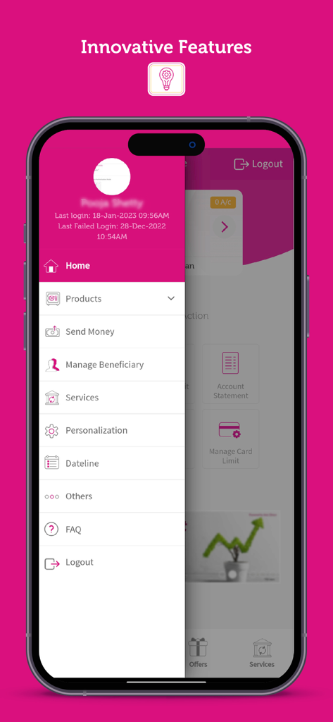 Jana Bank Mobile Banking - Side navigation drawer of Jana Bank mobile app showing features like Send Money and Manage Beneficiary